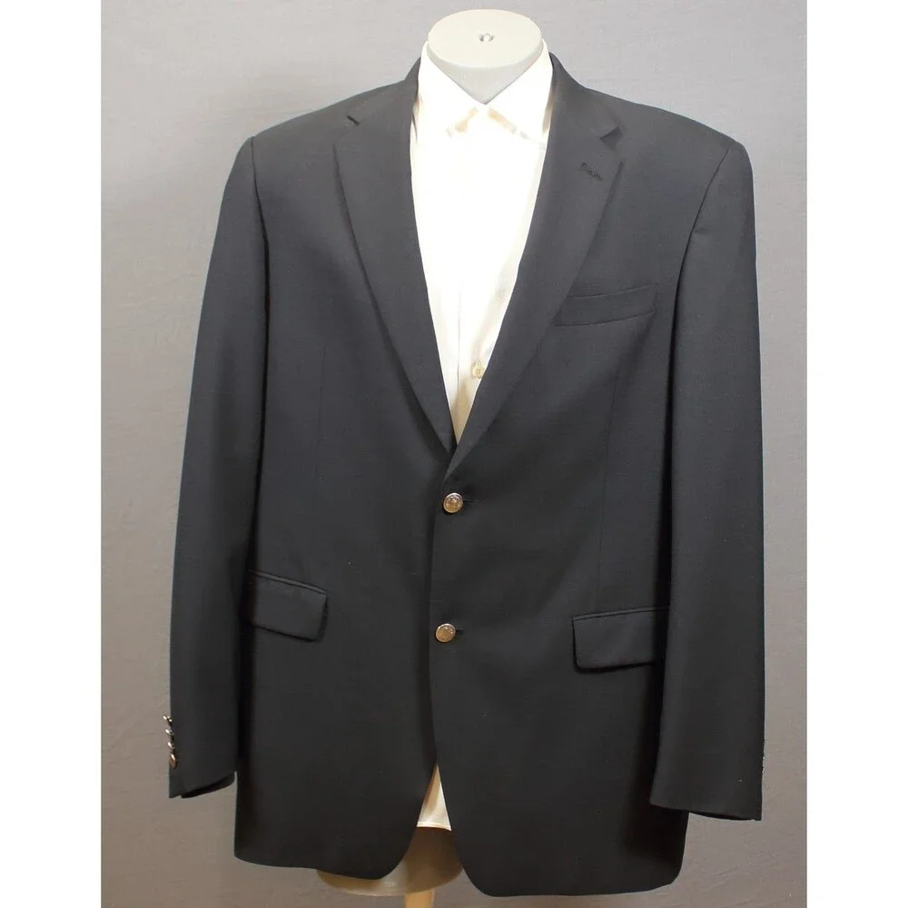 Hart Schaffner Marx Navy Blue Solid Wool Blazer Sport Coat 2 Silver Btn USA 44L